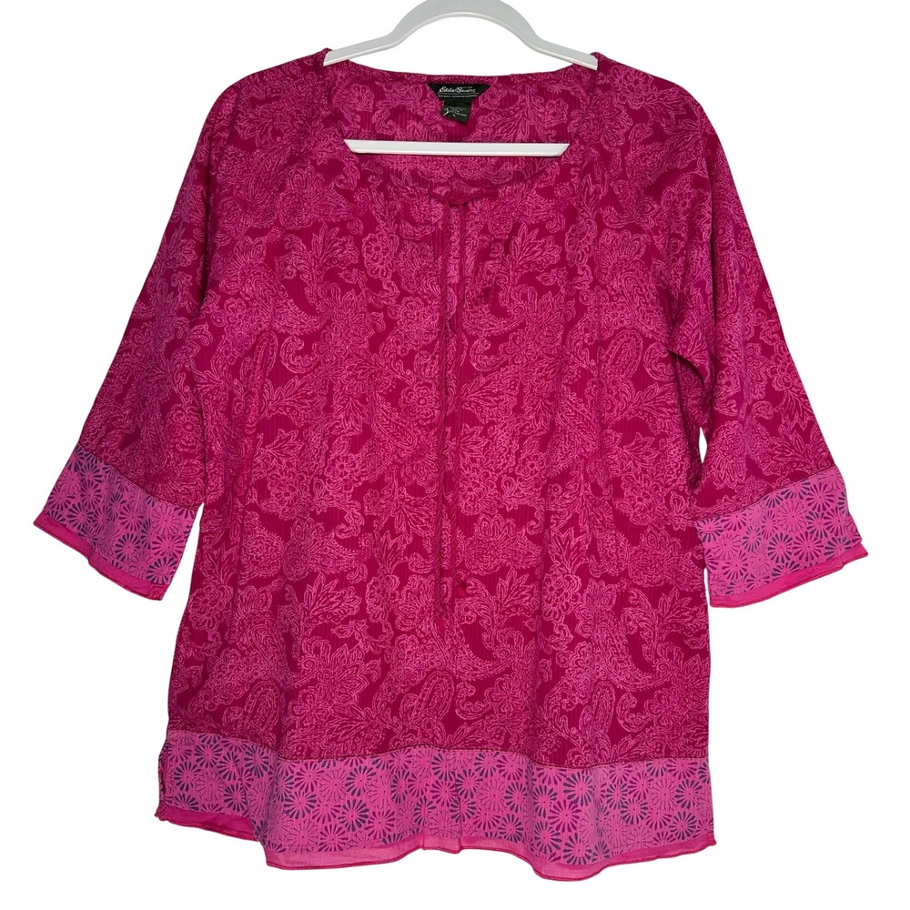 Eddie Bauer Pink Paisley Cotton Tunic Top 3/4 Sleeve Split Neck Tassel Large